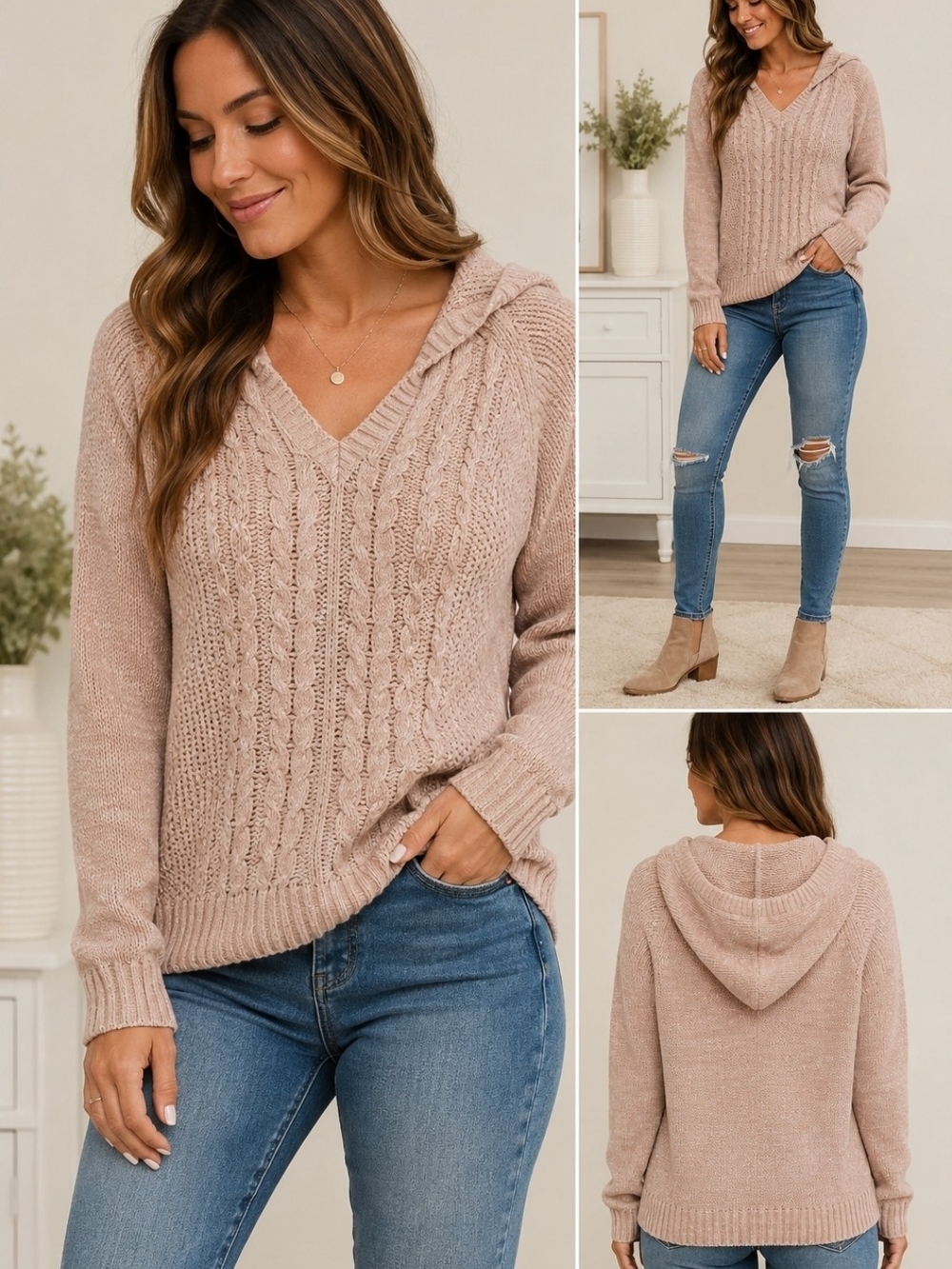 SO Blush Cable Knit V-Neck Hooded Sweater